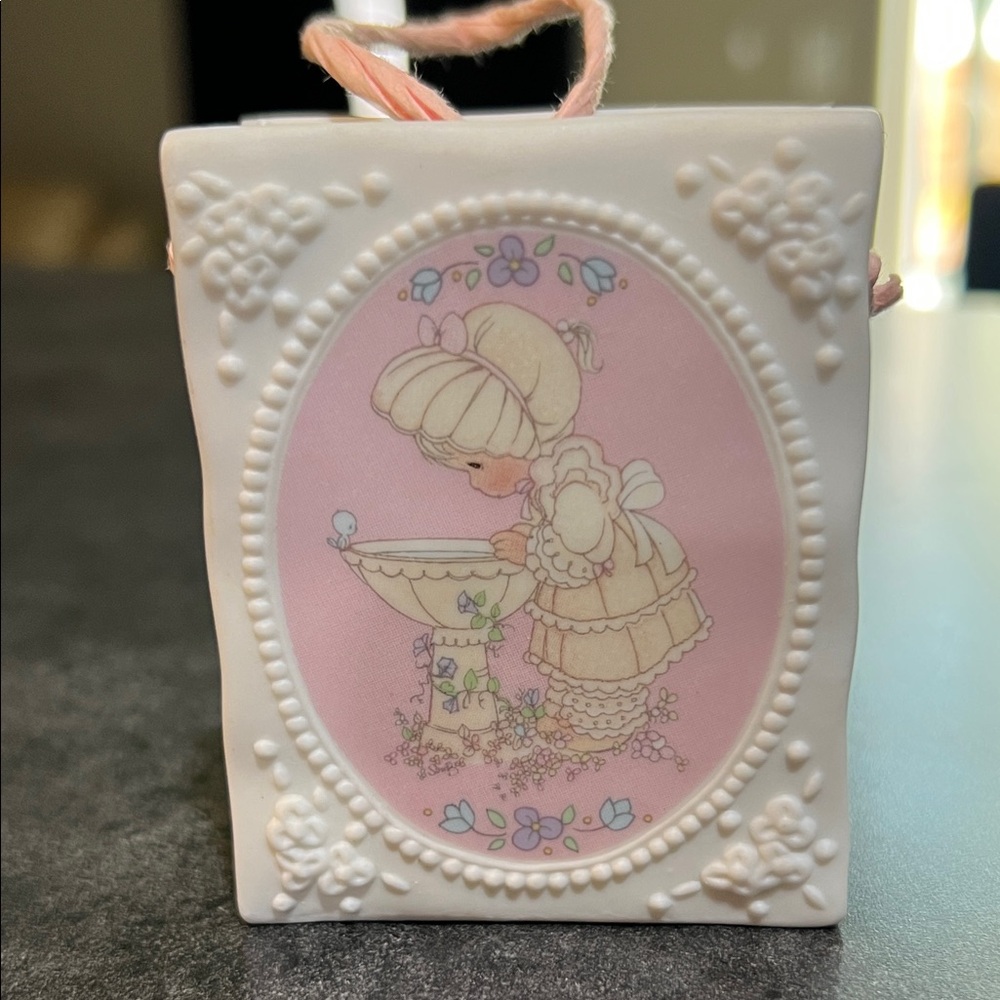 Precious Moments Pink and Cream Girl at Birdbath Ornament